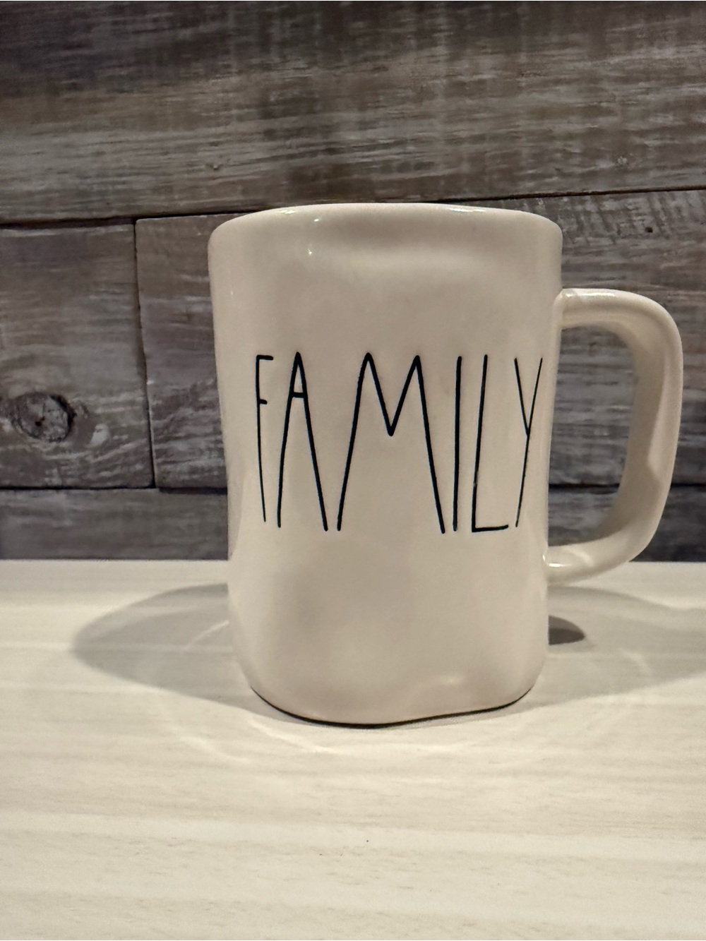 Rae Dunn White Mug with 'FAMILY' Black Lettering